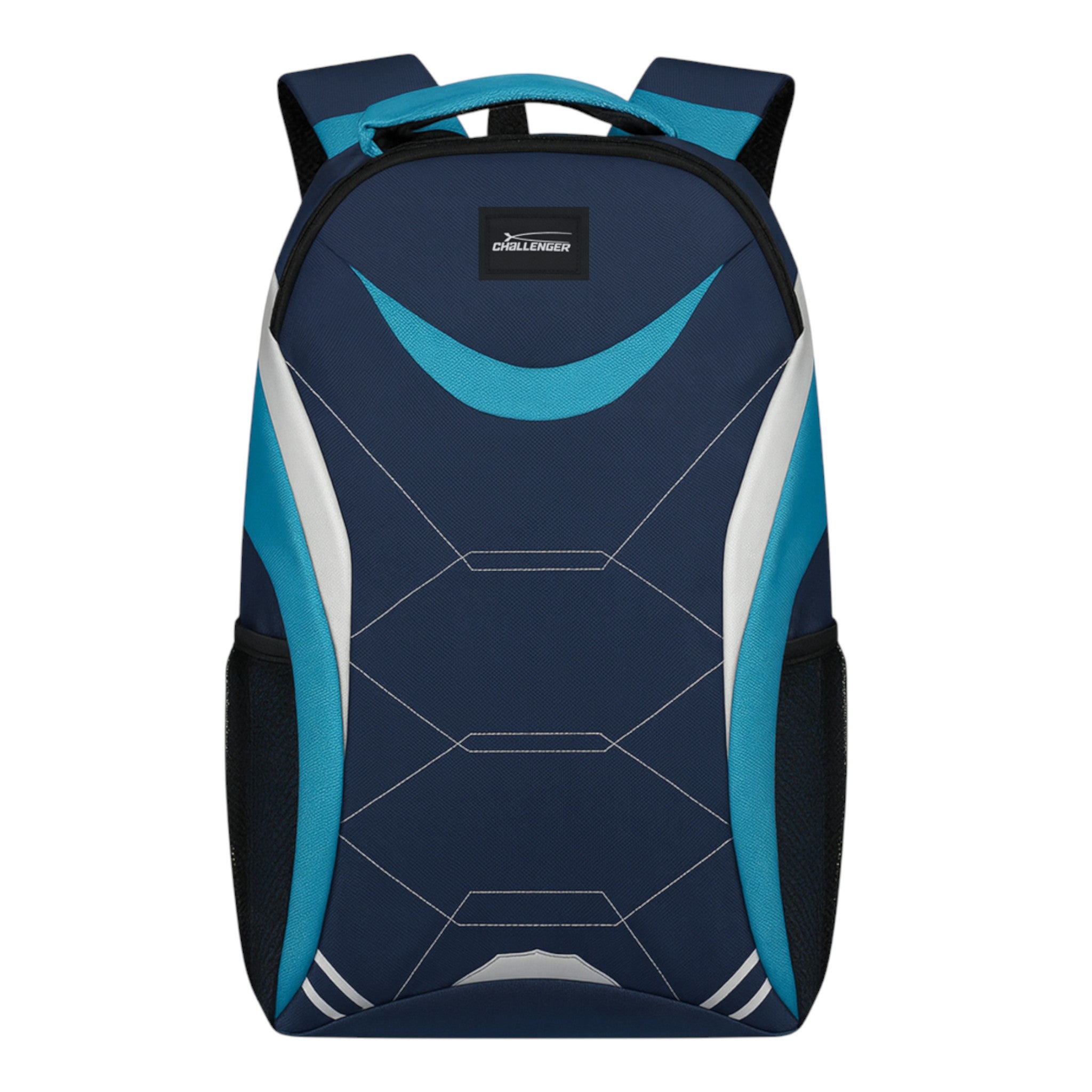 navy and blue Challenger dual compartment backpack with white detailing, padded shoulder straps, and side mesh pockets – ideal for school, work, or travel.